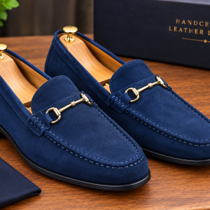 Navy Suede Horsebit Loafers